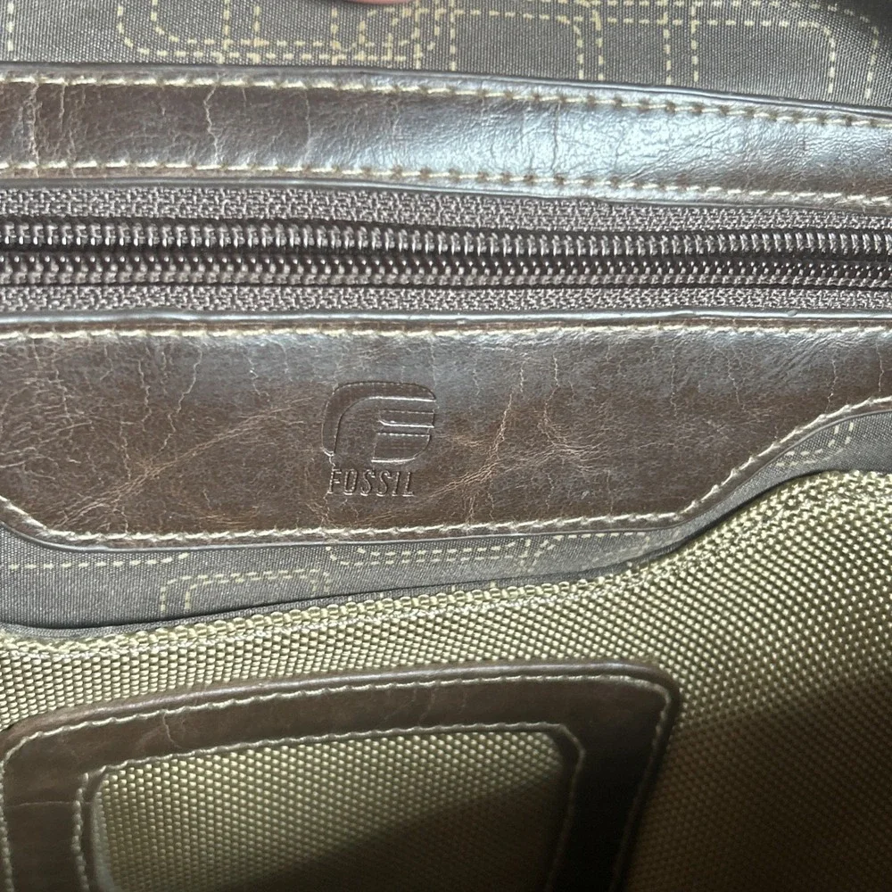 Fossil Messenger Bag Men's Green Brown Nylon Leather Case Carry Distressed